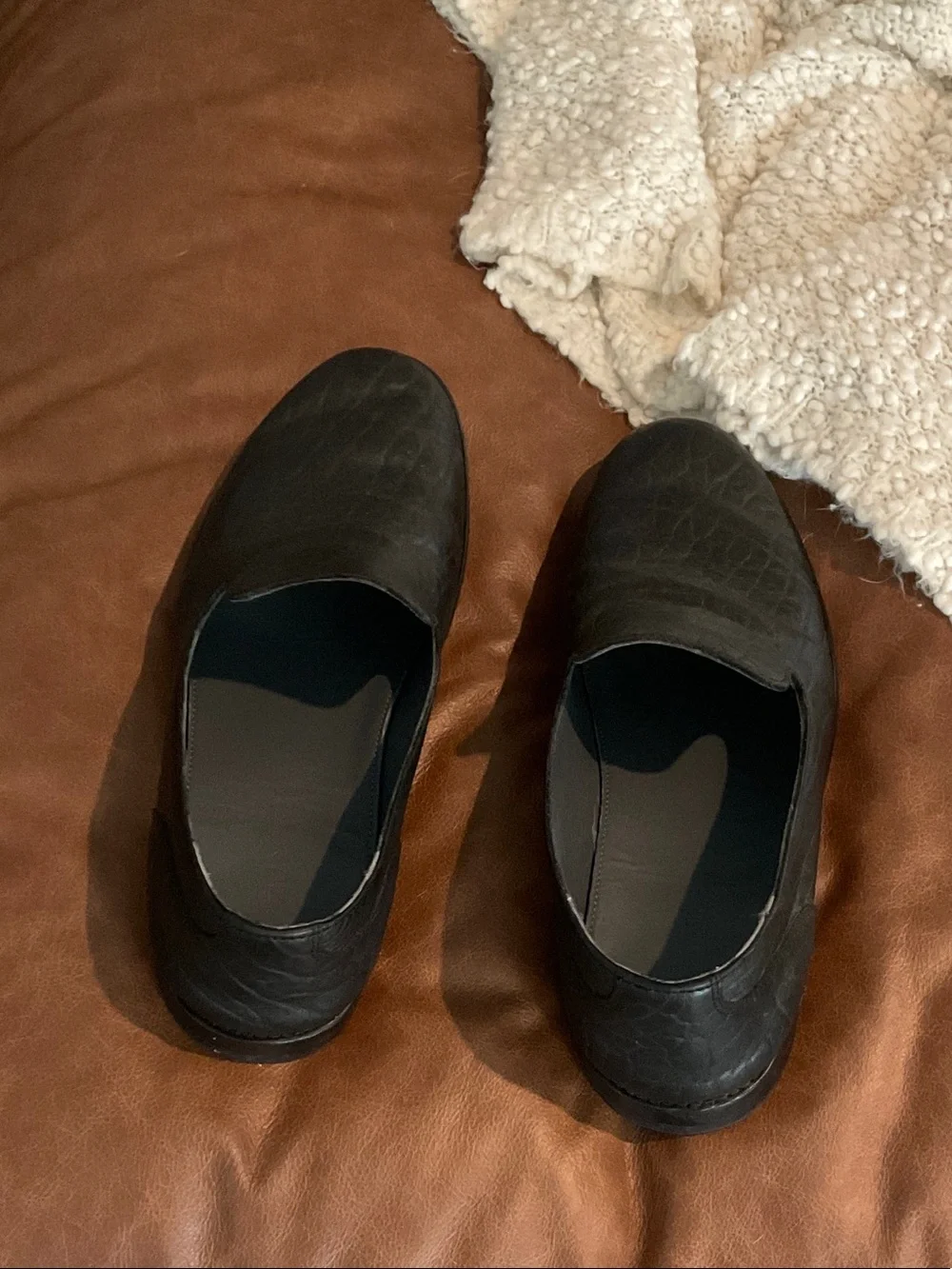 Tecovas Black Leather Slip-On Loafers with Textured Finish